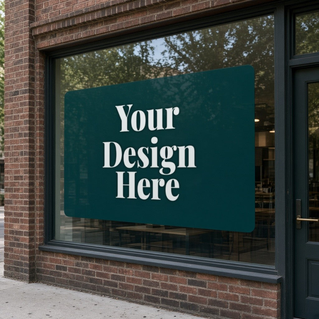 Adhesive vinyl decal on a storefront window with Your Design Here placeholder