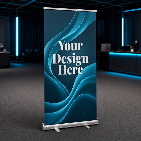 Economy retractable banner stand with Your Design Here printed on the graphic