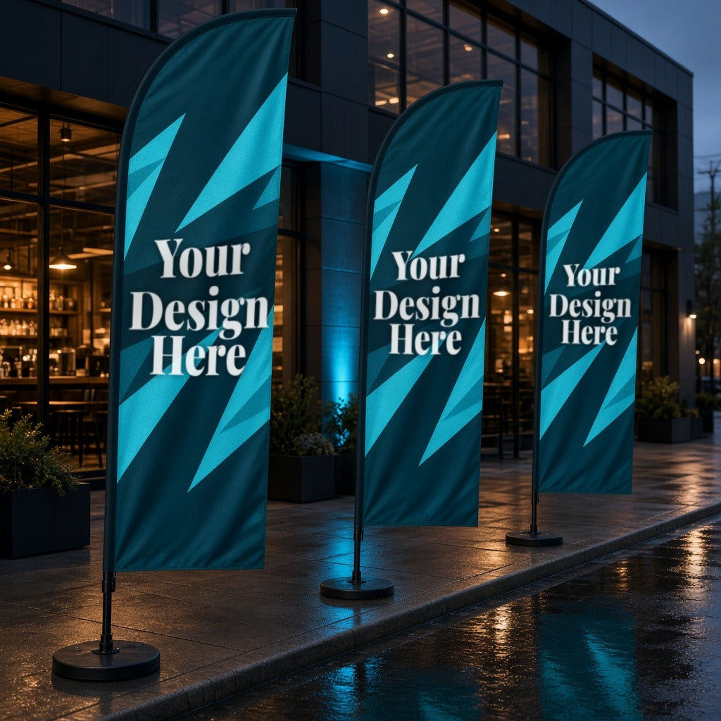 Feather flags with Your Design Here printed on the fabric