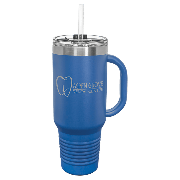 Laser Engraved 40 oz Travel Mug with Handle & Straw custom printed with a sample design