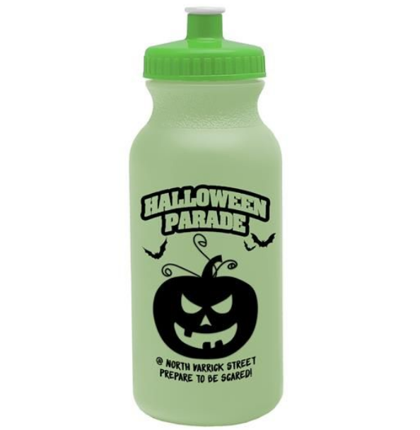 20 oz Glow in the Dark Water Bottle custom printed with a sample design