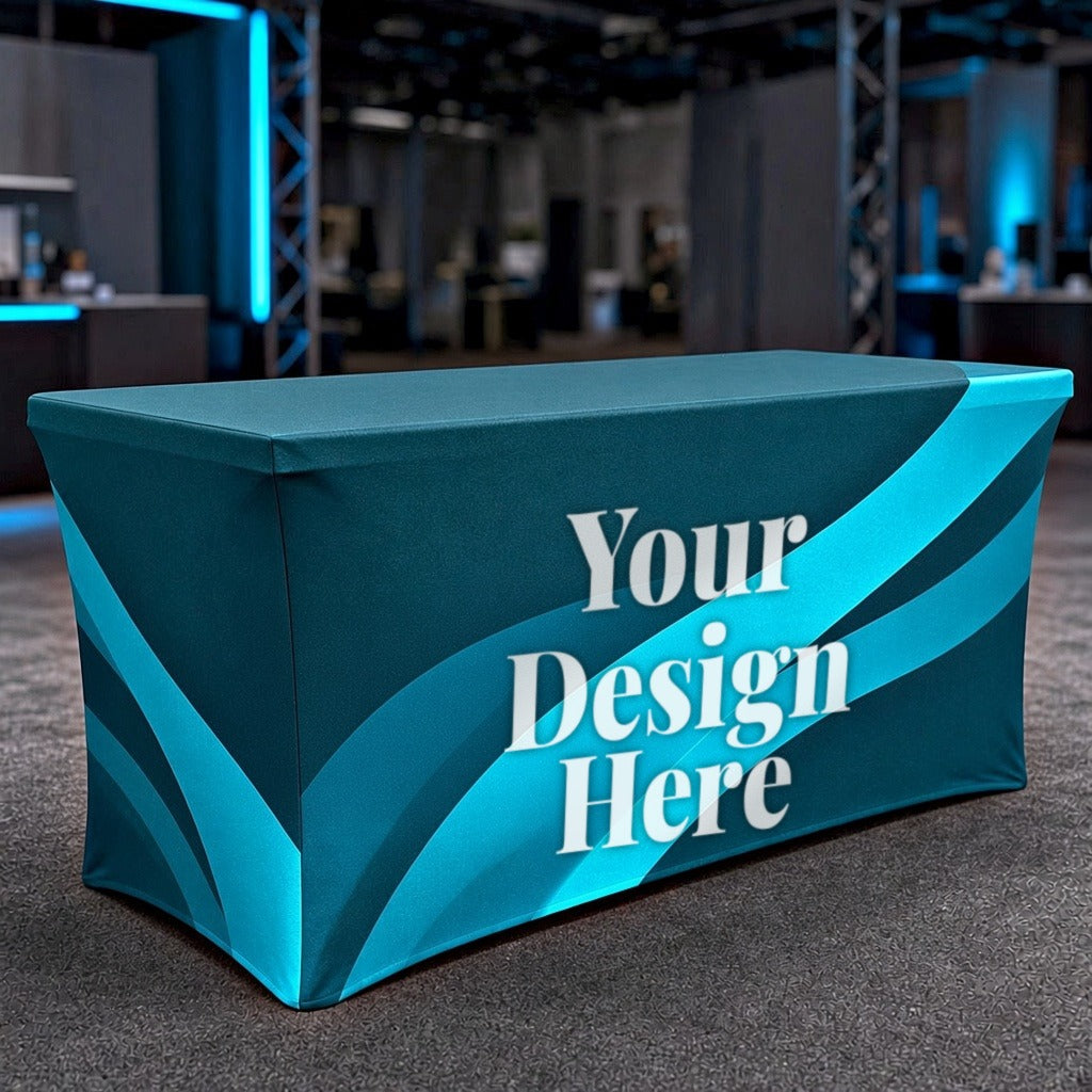 Fitted table cover with Your Design Here printed on the front panel