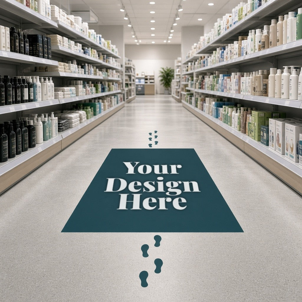 Anti-slip floor graphic and footprint decals in a store aisle with Your Design Here placeholder
