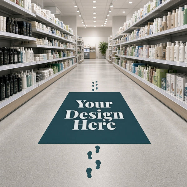 Anti-slip floor graphic and footprint decals in a store aisle with Your Design Here placeholder