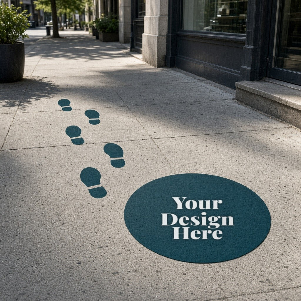 Boot print sidewalk decals leading to a round outdoor floor graphic with Your Design Here placeholder