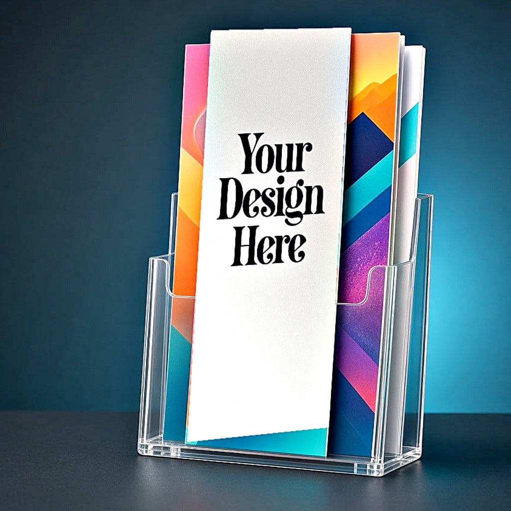 Rack cards in a display holder with Your Design Here placeholder