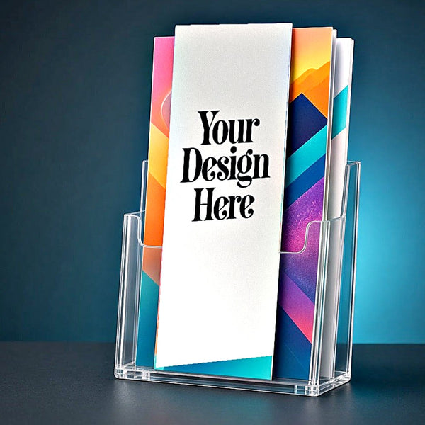 Rack cards in a display holder with Your Design Here placeholder