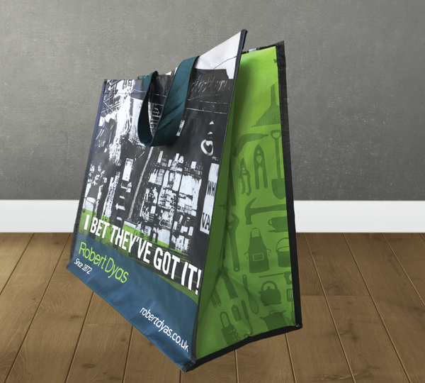 Recycled Woven Shopping Bag custom printed with a sample design