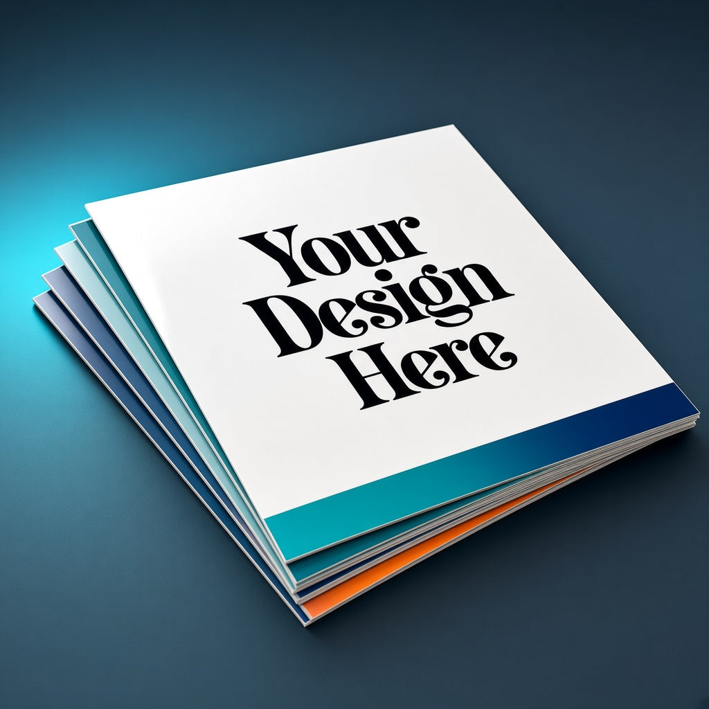 Stack of glossy 8.5x11 sell sheets with Your Design Here placeholder