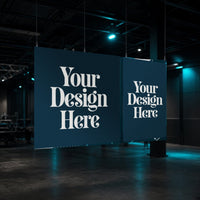 18 oz double sided hanging banner with Your Design Here placeholder