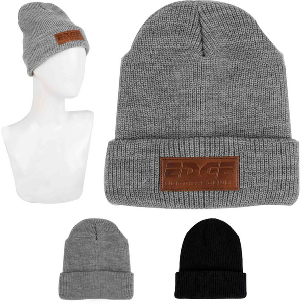 Custom cuffed beanie with leatherette logo patch
