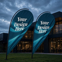 Teardrop flags with Your Design Here printed on the fabric