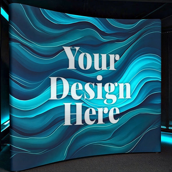 Curved pillowcase backdrop with Your Design Here printed on the face