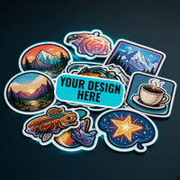 Custom die cut vinyl stickers with Your Design Here placeholder