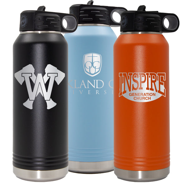 Laser Engraved 32 oz Insulated Water Bottle custom printed with a sample design