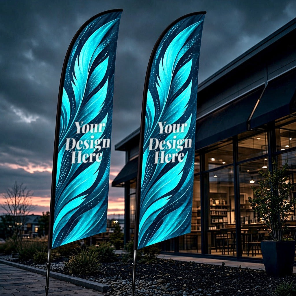 Falcon feather flags with Your Design Here printed on the fabric