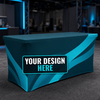 Fitted table cover with Your Design Here placeholder