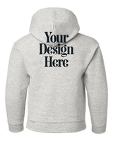 Ash Gildan 18500B Youth Hooded Sweatshirt with Your Design Here placeholder (back)
