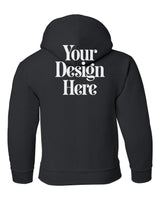 Black Gildan 18500B Youth Hooded Sweatshirt with Your Design Here placeholder (back)