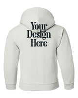 White Gildan 18500B Youth Hooded Sweatshirt with Your Design Here placeholder (back)