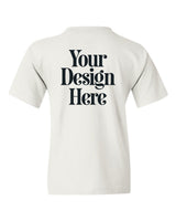 White Gildan 5000B Youth Heavy Cotton T-Shirt with Your Design Here placeholder (back)