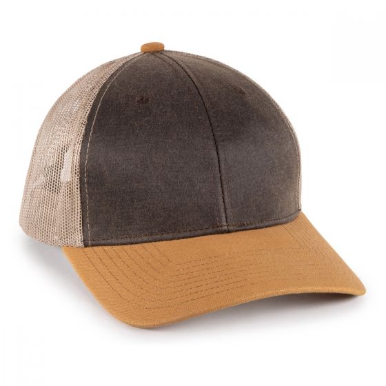 Custom premium rugged trucker cap with camo visor and logo