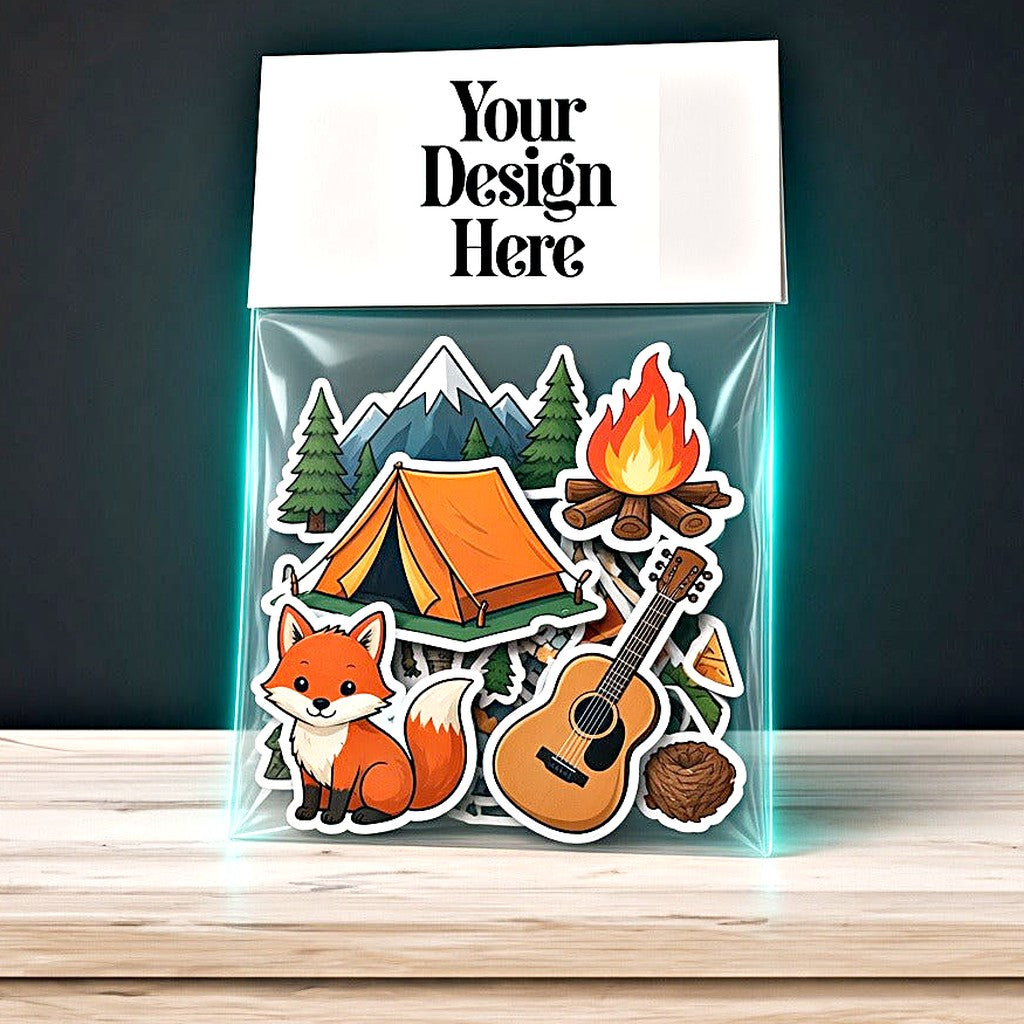 Sticker pack with header card and stickers in a clear bag