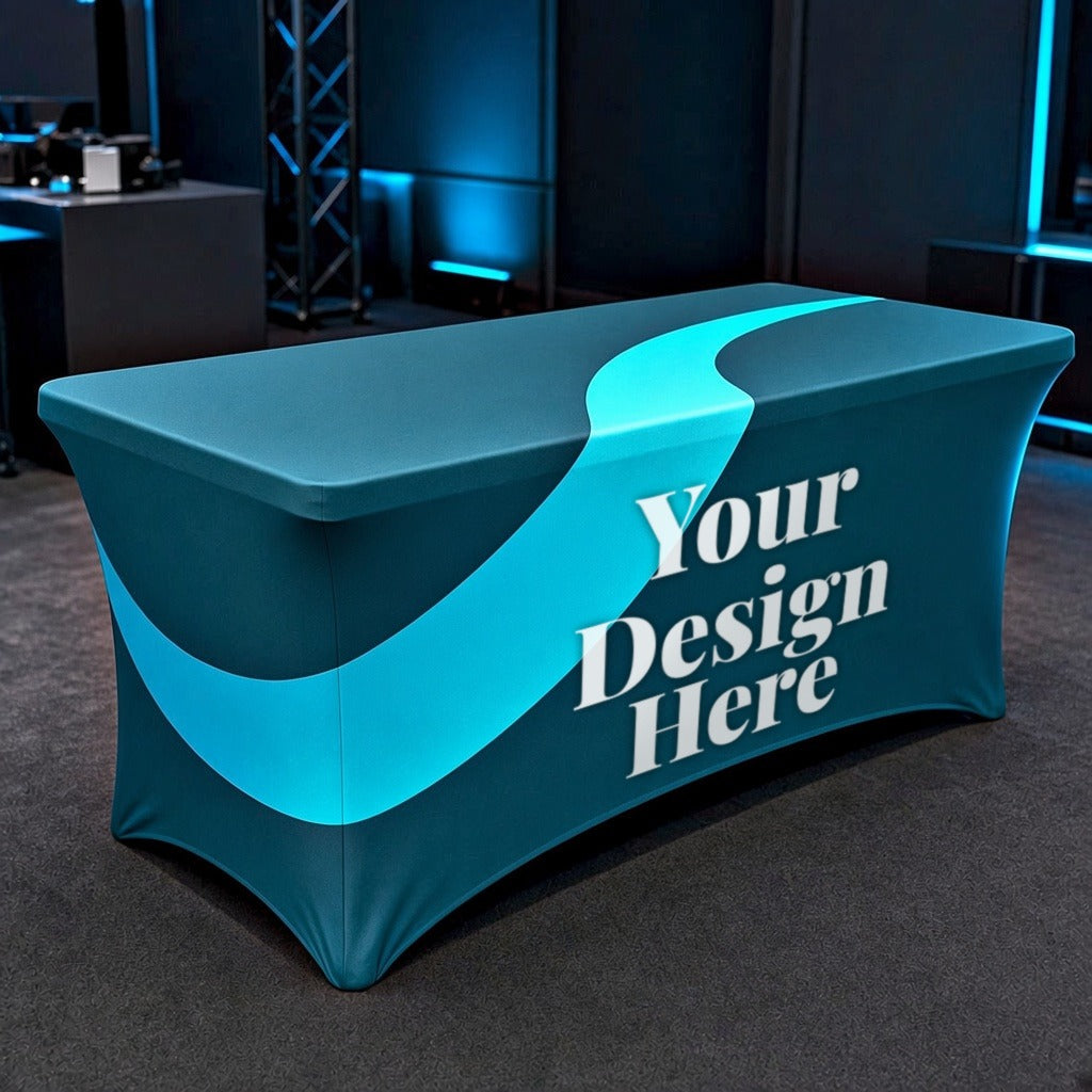 Stretch table cover with Your Design Here printed on the front panel