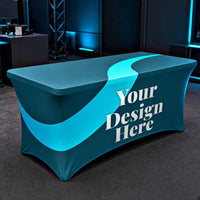 Stretch table cover with Your Design Here printed on the front panel