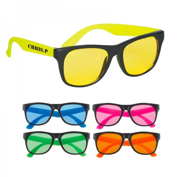 Tinted Lens Rubberized Sunglasses custom printed with a sample design
