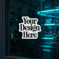 Window cling on storefront glass with Your Design Here placeholder